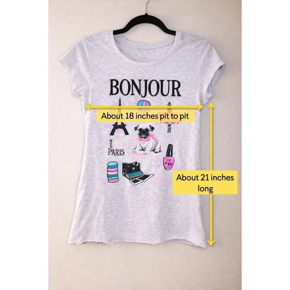 Girls Bonjour Paris Pug Graphic T Shirt White Short Sleeve‎ Raw Hem Size 14 16